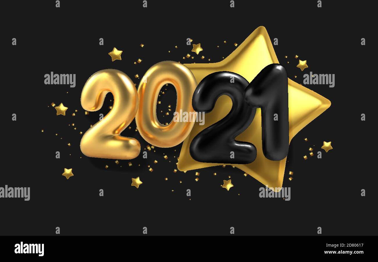 3D realistischer Beschriftungsballon 2021 und goldener Stern auf schwarzem Hintergrund. Vektorgrafik. Stock Vektor