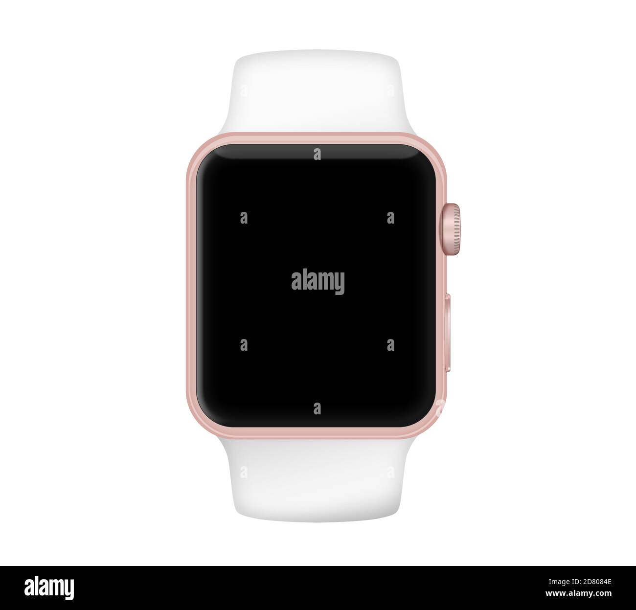 Isoliertes Roségold Aluminiumgehäuse weißes Band schwarzer Bildschirm smart Uhr auf weißem Hintergrund Stockfoto