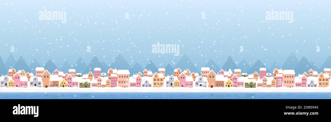 Die Stadt in den Schnee setzen Sie die flache Farbe und einfach design Vector Illustration Stockfoto