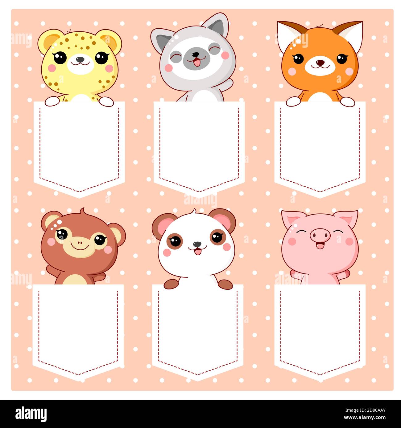 Niedliche Comic-Figuren Pocket-Set. Baby Sammlung von Kawaii Tiere in Taschen. Kindlicher Druck mit Affen, Panda, Fuchs, Lemur, Schwein, Leopard für t-sh Stock Vektor