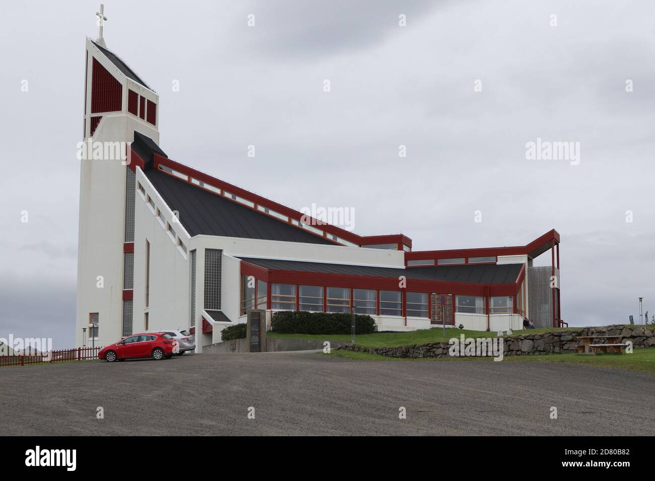 Bostad, / Norwegen - Juni 21 2019: Borge menighet, Kirche von Borg auf den Lofoten Inseln, Norwegen Stockfoto