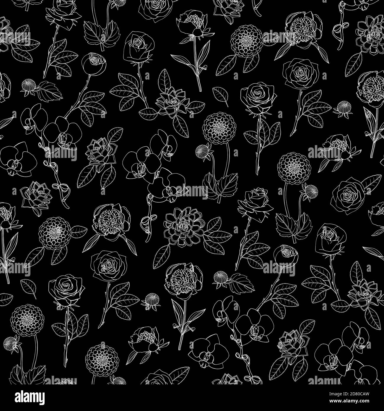 Monochromes Nahtloses Blumenmuster mit handgezeichneten Blumen auf schwarzem Hintergrund. Stock-Vektor Stock Vektor