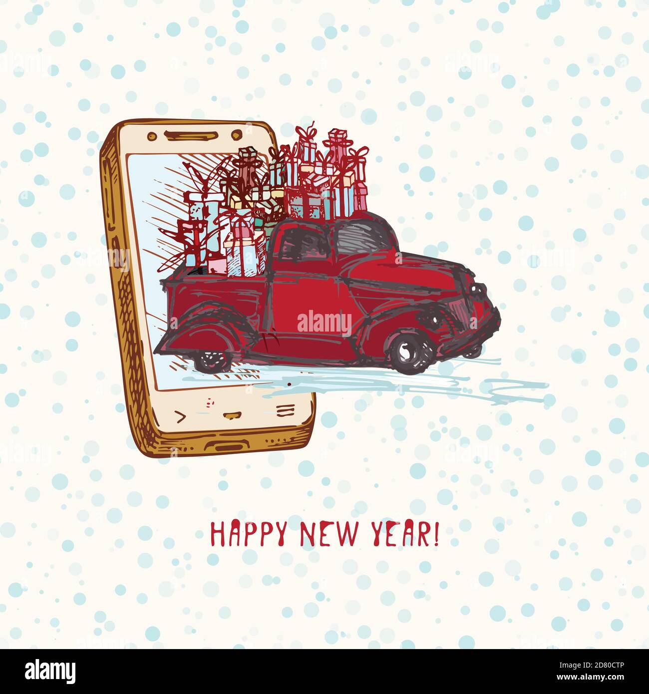 Festliche Weihnachten Neujahrskonzept Feiertagslieferung Handgezeichnetes Smartphone Und Rotes Auto Mit Tannenbaum Geschmuckt Roten Kugeln Und Geschenke Auf Verschneiten Stock Vektorgrafik Alamy