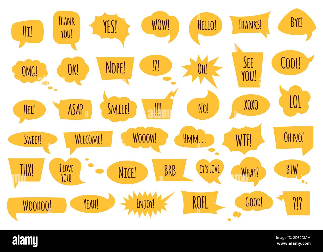 Sprechblasenset mit Konversationsphrasen und Wörtern in isolierter Vektordarstellung. Stock Vektor