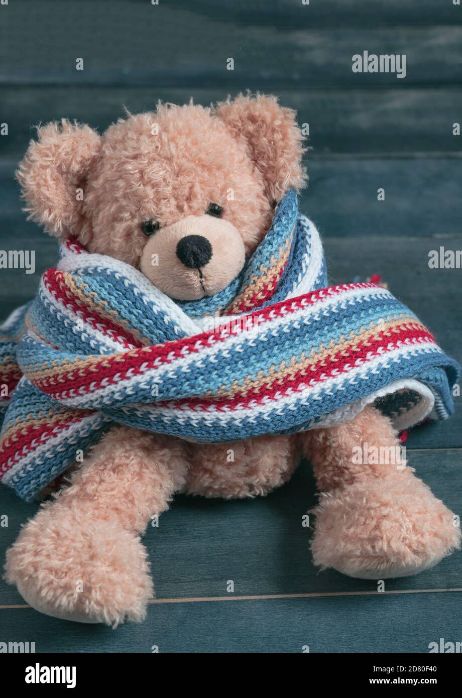 Winter, kaltes Wetter, Einsamkeit. Teddy mit Schal allein auf einer Holzbank sitzend, Stockfoto