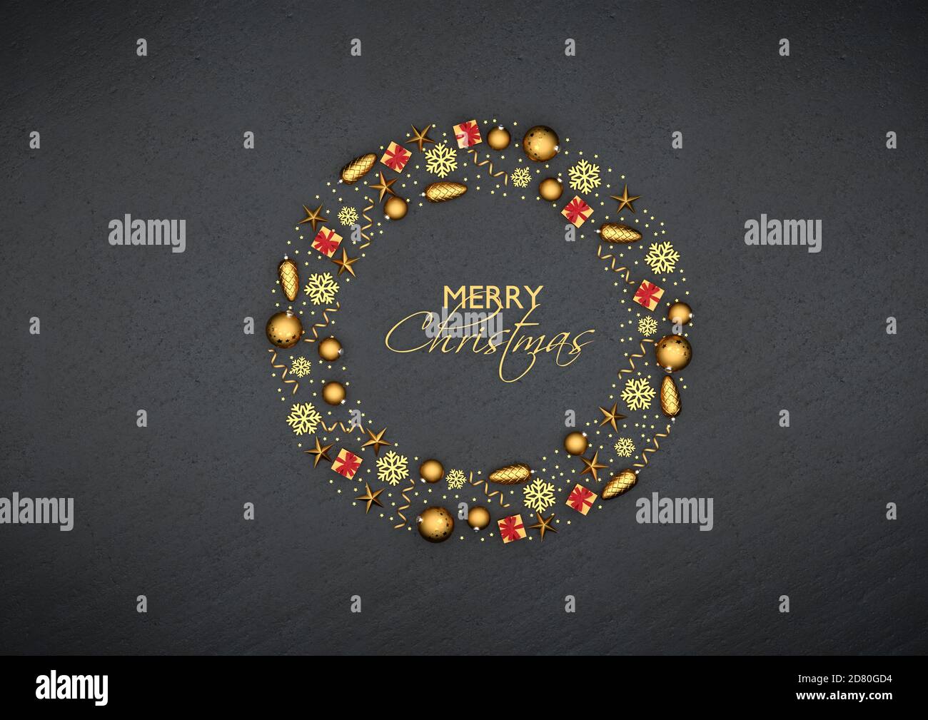 Flach legen goldene weihnachtsschmuck als Kreis auf einem schwarzen Steinteller angeordnet. Text 'Merry Christmas' in der Mitte. Stockfoto