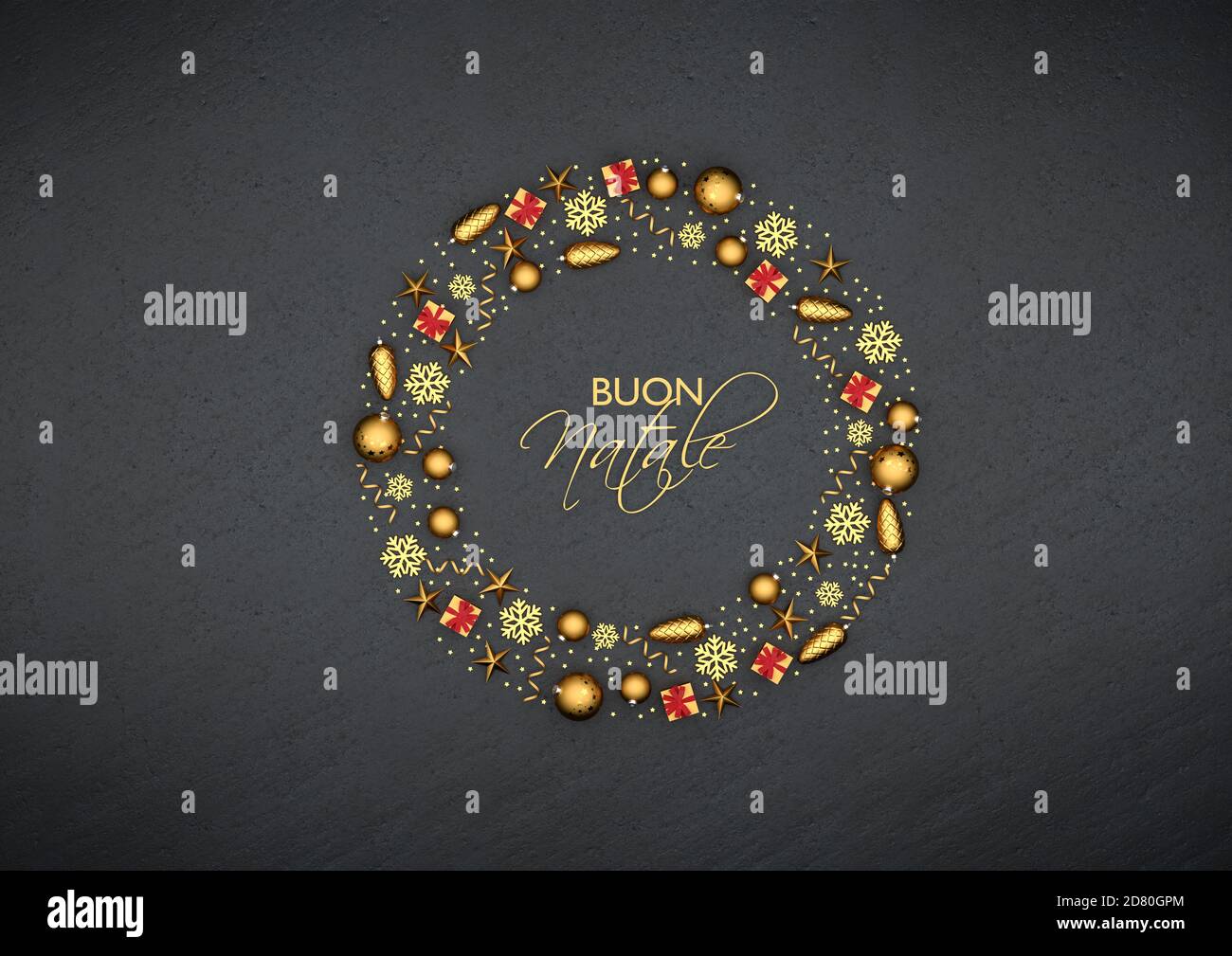 Flach legen goldene weihnachtsschmuck als Kreis auf einem schwarzen Steinteller angeordnet. Italienischer Text 'Buon Natale' (Frohe Weihnachten) in der Mitte. Stockfoto