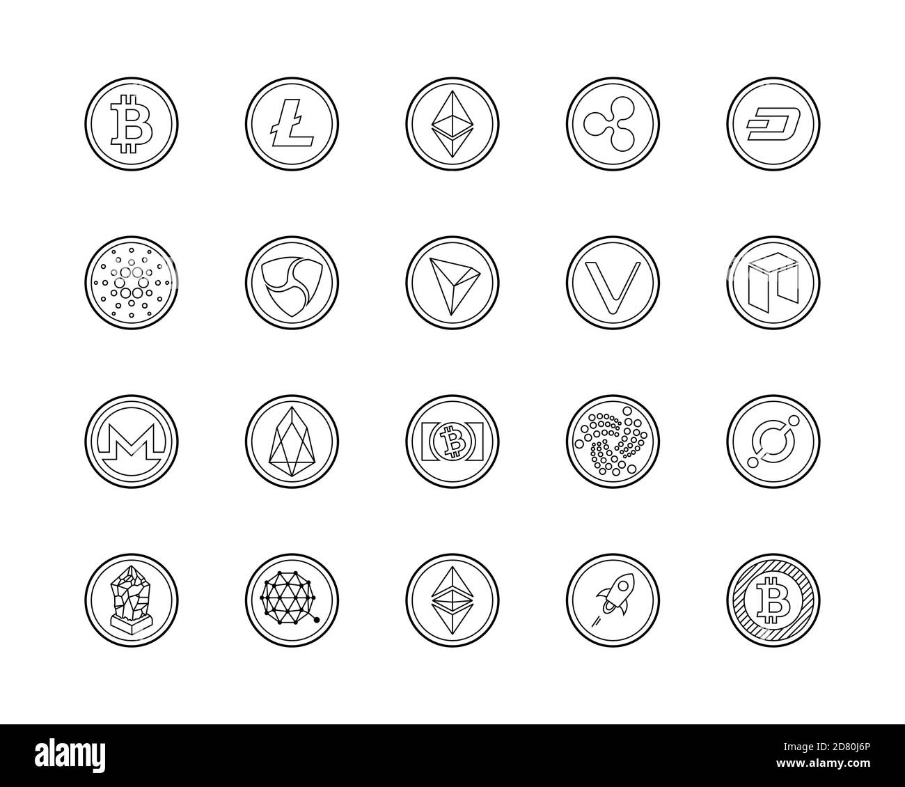 20 beliebtesten Kryptowährung Logo-Set - Bitcoin, Litecoin, ethereum, Welligkeit und andere. Zeilensymbol eingestellt. Stock Vektor