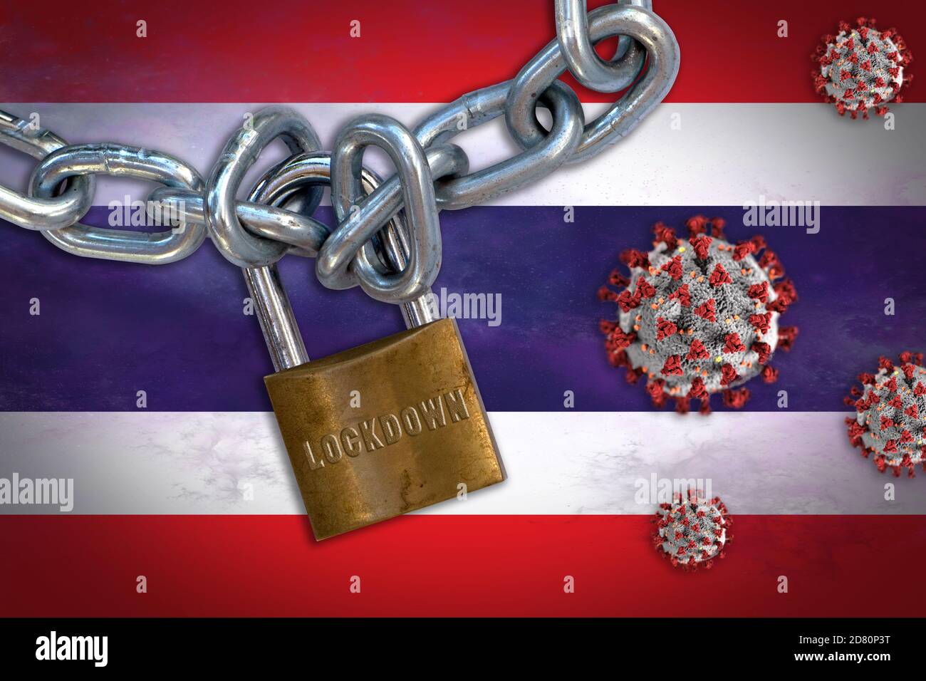 Konzept der Coronavirus-Sperre in Thailand, mit Covid-19-Partikeln überschattet Flagge Thailands. Stockfoto