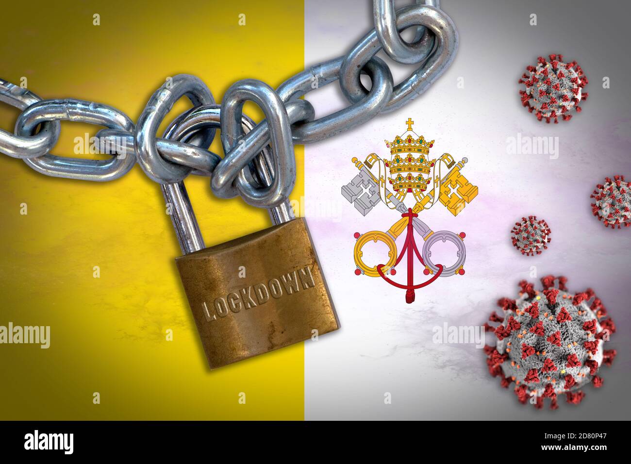 Konzept der Coronavirus-Sperre im Vatikan, mit Covid-19-Partikeln überschattet Flagge des Vatikans. Stockfoto