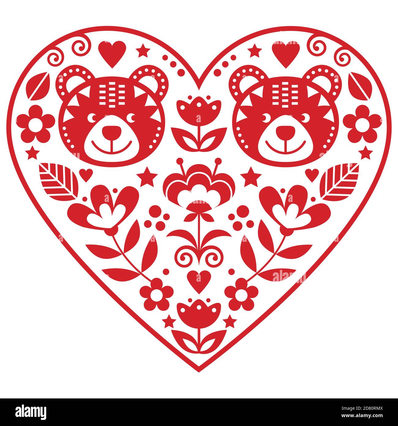 Skandinavisches rotes Herz mit zwei Bären in der Liebe und Blumen Volkskunst Vektor-Design, Valentinstag Blumen Grußkarte oder Hochzeit Einladung Stock Vektor