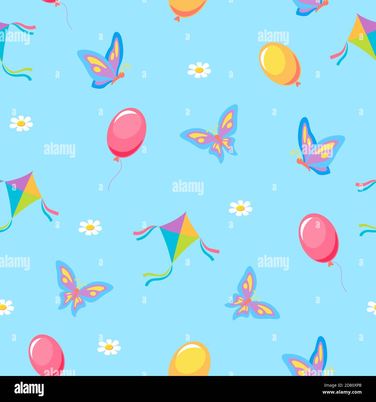 Sommer Kinder Urlaub nahtlose Muster. Roter Ballon fliegende lila Schmetterlinge mit gelber Tönung luftigen Spielzeug Drachen. Stock Vektor