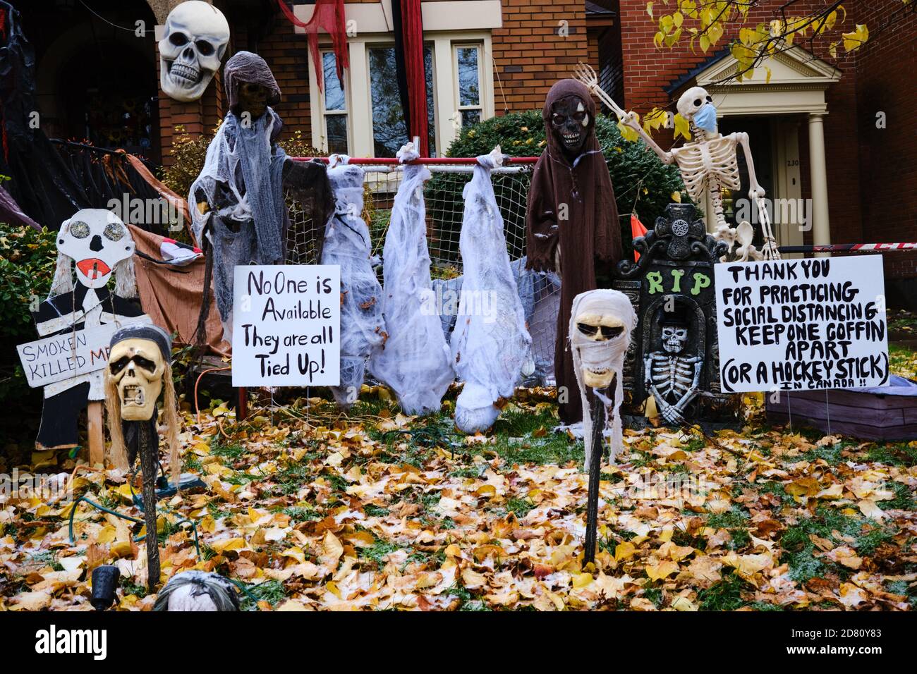 Ottawa, Kanada. Oktober 2020. Covid 19 Themen Halloween Dekorationen an der Vorderseite eines Hauses in der Glebe. Skelett trägt eine Maske, und in kanadischer Mode bitten die Menschen, einen Hockeyschläger auseinander zu halten für soziale Distanzierung. Mit Oktober 31 nähern Ottawa Public Health sowie die Regierung von Ontario haben die Menschen gebeten, ihre Trick oder Behandlung Pläne in diesem Jahr stornieren, und stattdessen organisieren haushaltsspezifische Aktivitäten. Kredit: Meanderingemu/Alamy Live Nachrichten Stockfoto