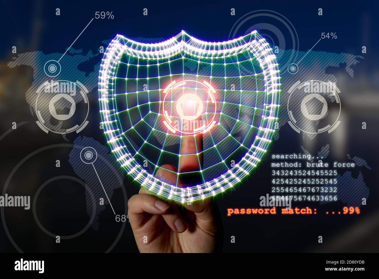 Computersicherheitskonzept. Hand und Schild symbolisieren den Datenschutz im Netzwerk und in PCs. Gemischte Medien. Stockfoto