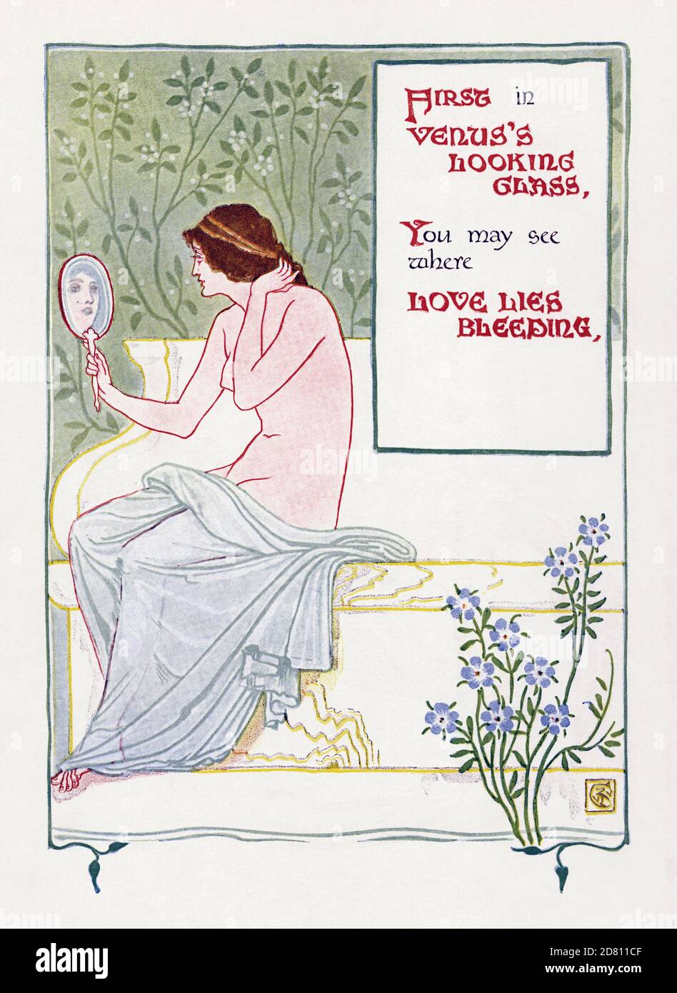 „Zuerst in Venusglases aussehendes Glas, kann man sehen, wo die Liebe blutet“. Eine Illustration des britischen Künstlers Walter Crane verwendet in seinem Buch A Floral Fantasy in an Old English Garden, veröffentlicht in New York, 1899. Stockfoto