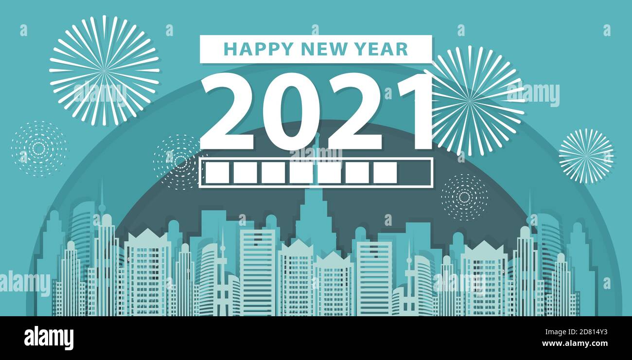 Ladebar mit Übergang von 2020 auf 2021 Neujahr. New york City Silhouette auf schwarzem Hintergrund. Frohes neues Jahr Karte mit Fortschrittsbalken. Vektor-il Stock Vektor