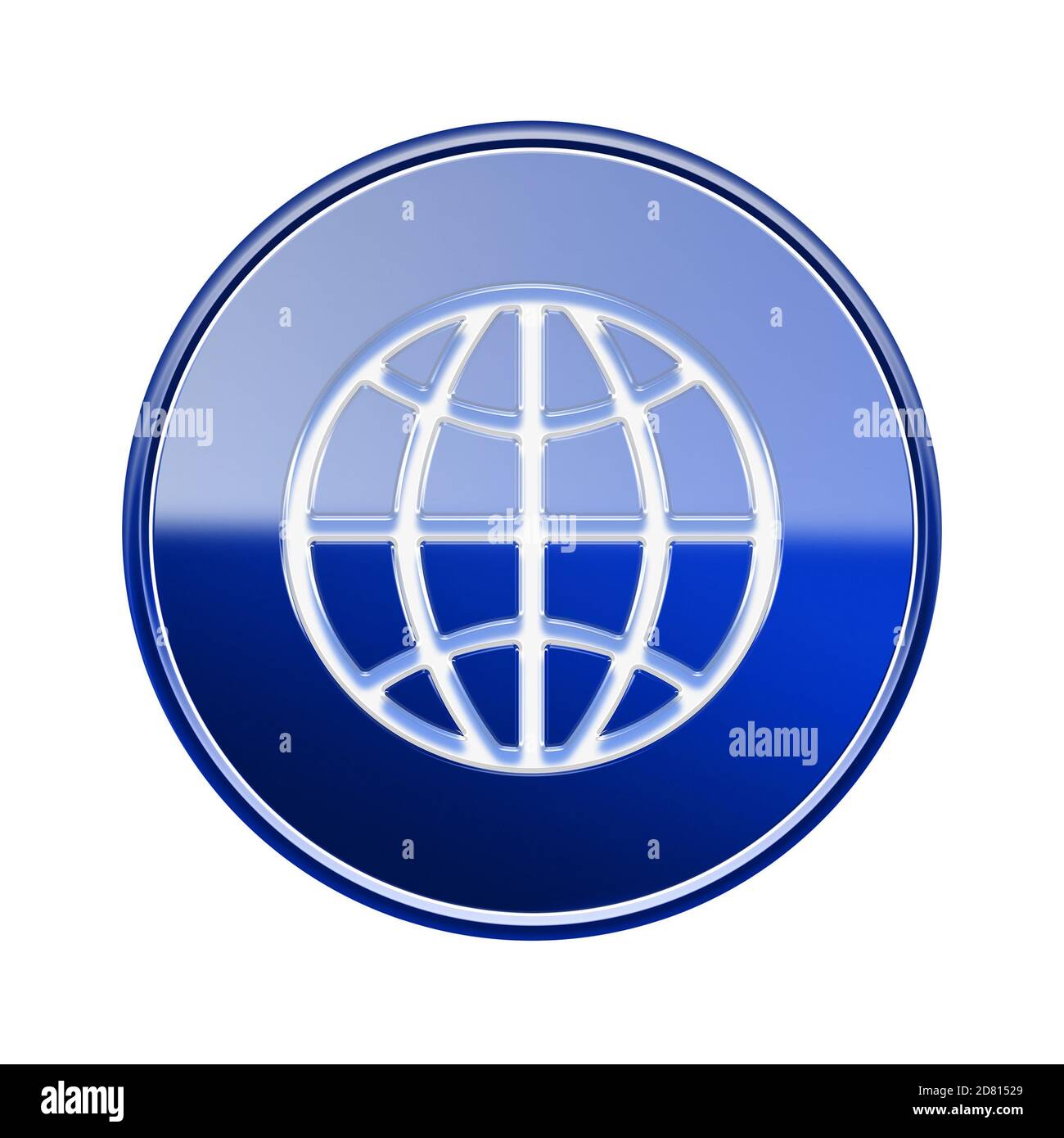 Globus-Symbol glänzend blau, isoliert auf weißem Hintergrund Stockfoto