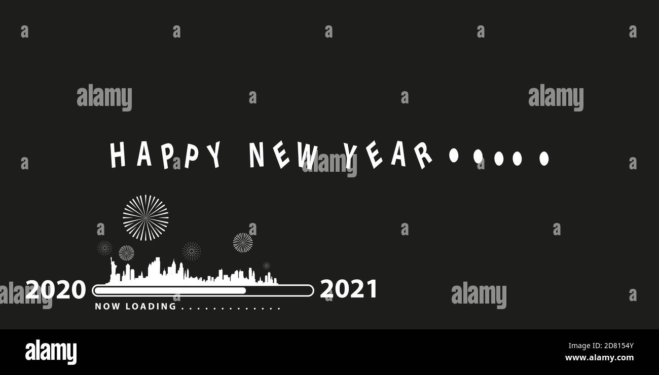 Ladebar mit Übergang von 2020 auf 2021 Neujahr. New york City Silhouette auf schwarzem Hintergrund. Frohes neues Jahr Karte mit Fortschrittsbalken. Vektor-il Stock Vektor