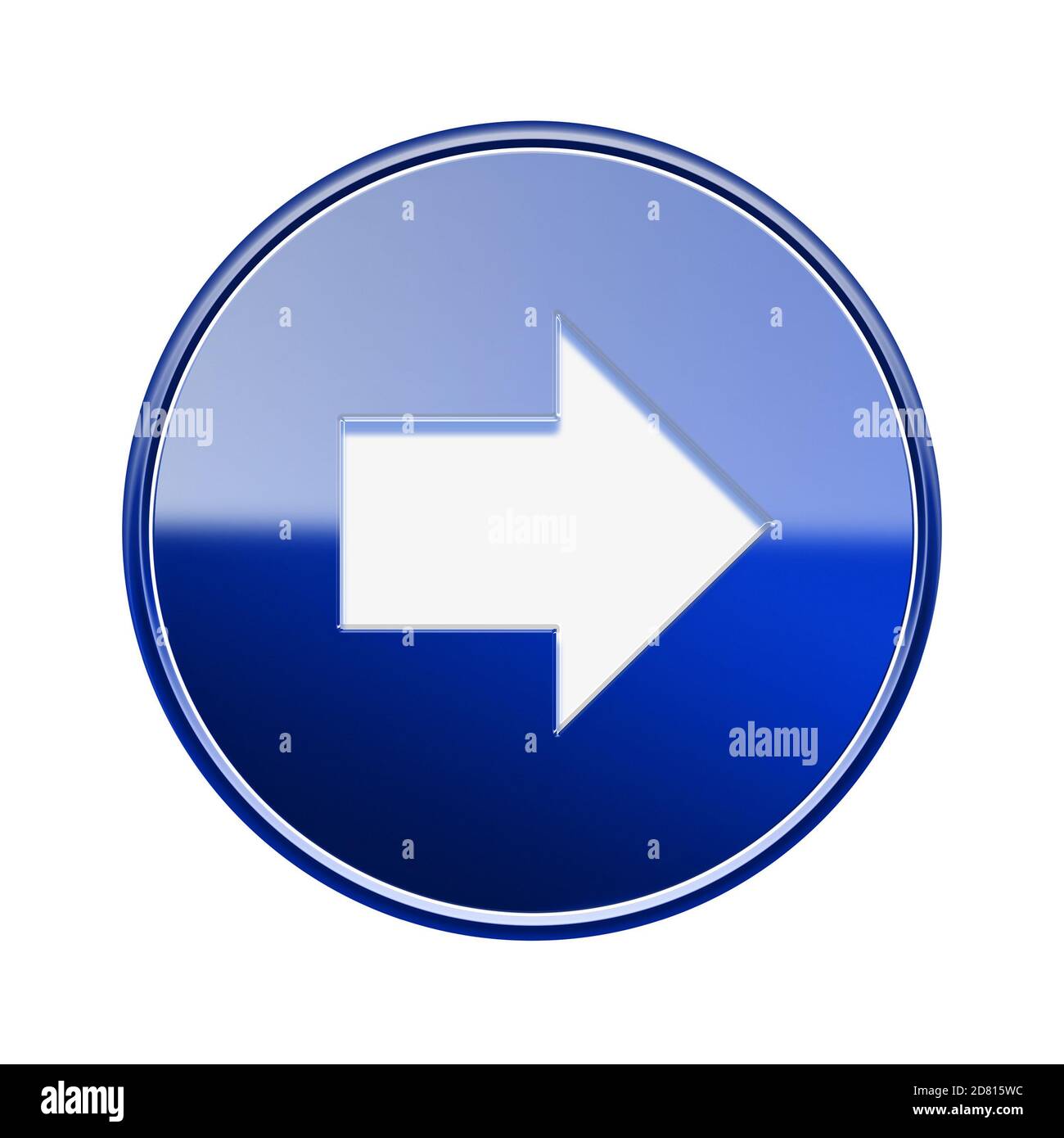 Pfeil-Symbol rechts glänzend blau, isoliert auf weißem Hintergrund Stockfoto