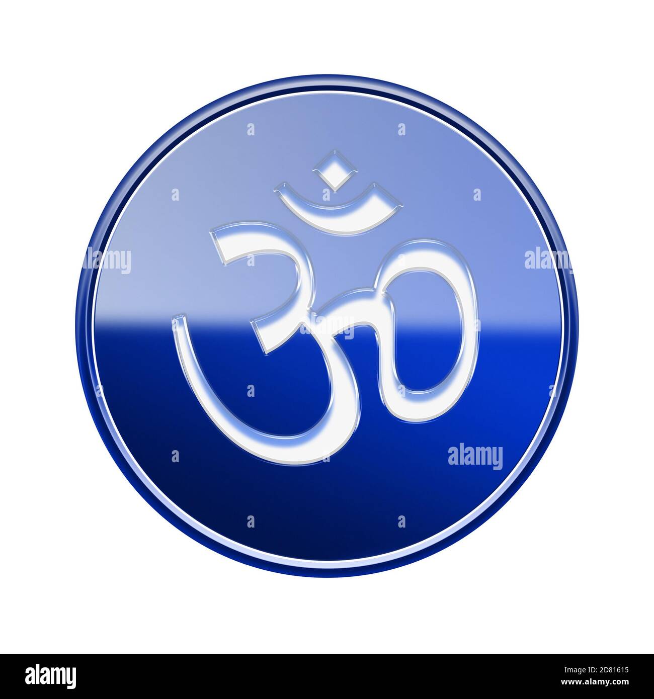 Om Symbol Symbol glänzend blau, isoliert auf weißem Hintergrund. Stockfoto