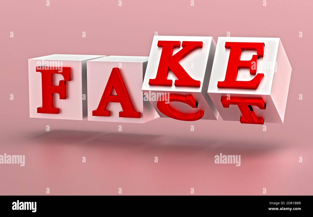 Würfel mit Buchstaben umkehren und die Wörter ändern sich von TATSACHE zu FÄLSCHUNG. 3d-Rendering Stockfoto