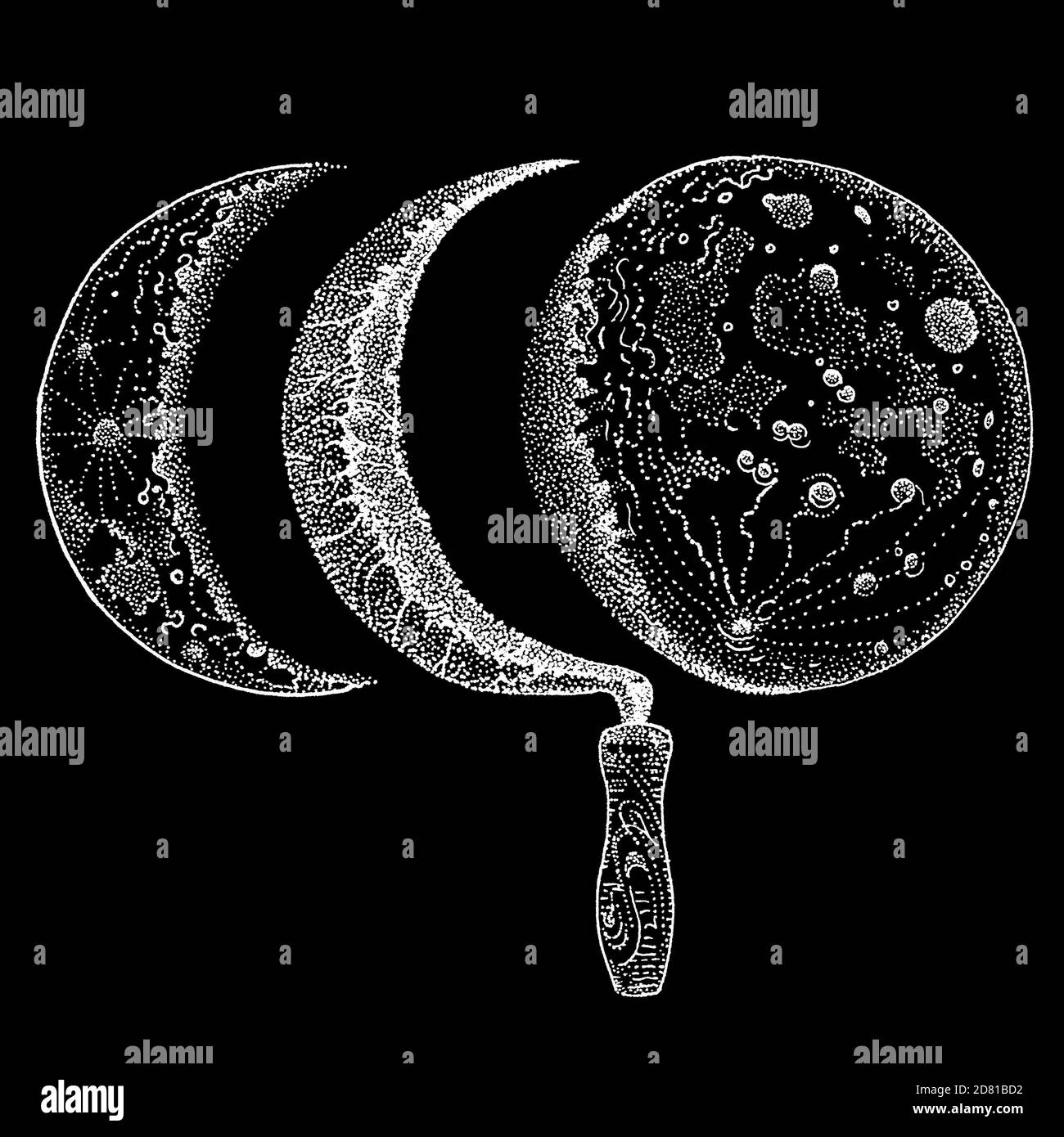 Sichel- und Mondphasen. Schwindende und halbmondförmige Mond. Hand gezeichnete Tinte Stift Illustration isoliert weiß auf schwarz. T-Shirt-Print, Tattoo-Design dotwork Stil Stockfoto