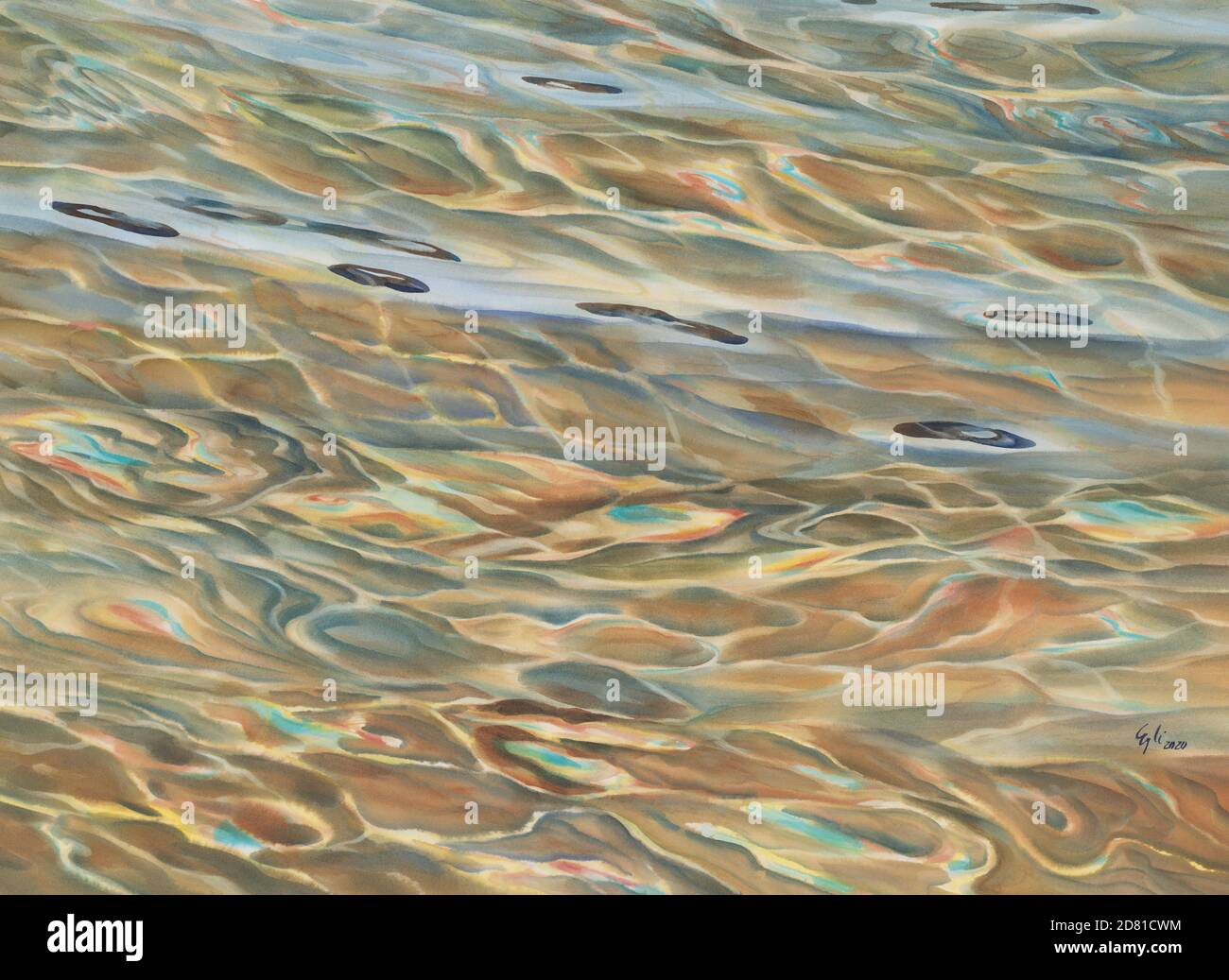 Sonnige Wasser mit transparenten Wellen Aquarell Hintergrund Stockfoto