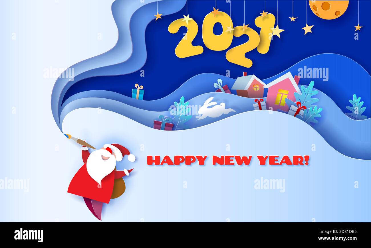 Horizontales Banner Frohes neues Jahr 2021. Weihnachtsmann mit Pinsel auf blauem Hintergrund und vielschichtigen Formen mit Bäumen und Dorf. 3D-Papier Art Schnitt Stil. Vektorgrafik. Stock Vektor