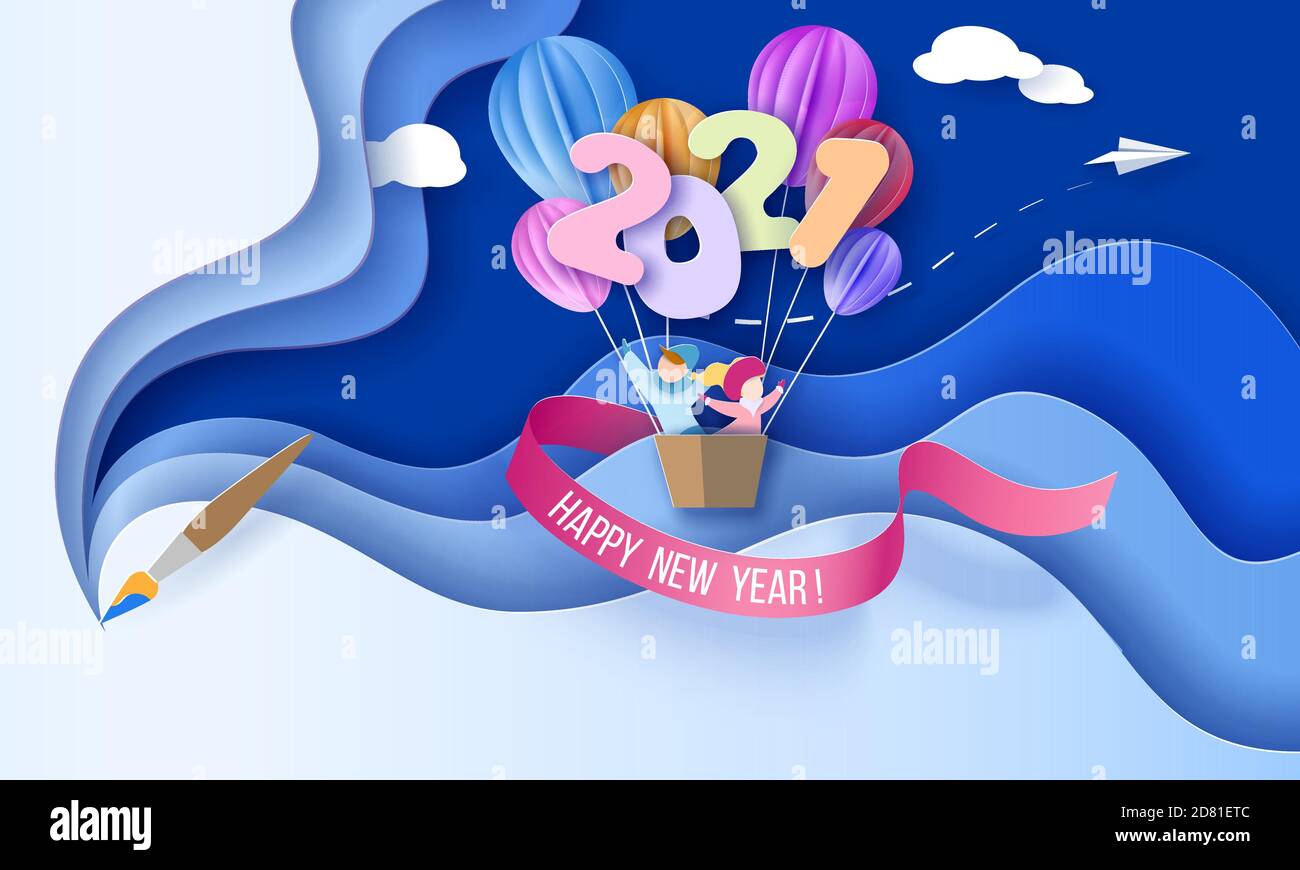 2021 Neujahrskarte mit Kindern im Korb von Luftballons fliegen auf blauem Himmel Hintergrund mit Pinsel. Vektorpapier Kunst Illustration. Papier geschnitten und Handwerk Stil. Stock Vektor