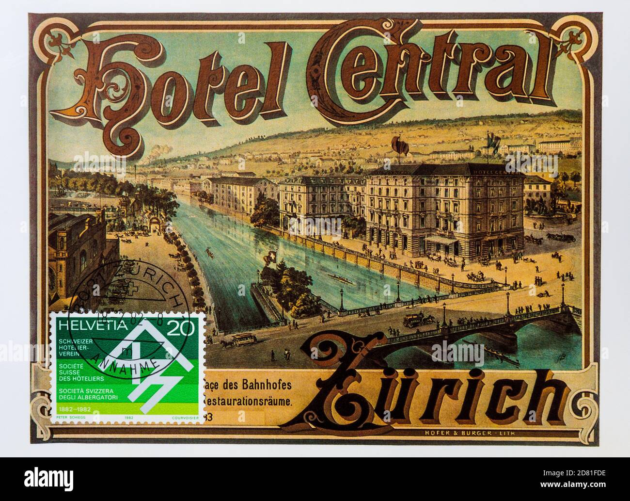 1982 verschickte Schweizer Postkarte mit einem Werbeplakat von 1883 für das Hotel Central, Zürich, Schweiz. Stockfoto