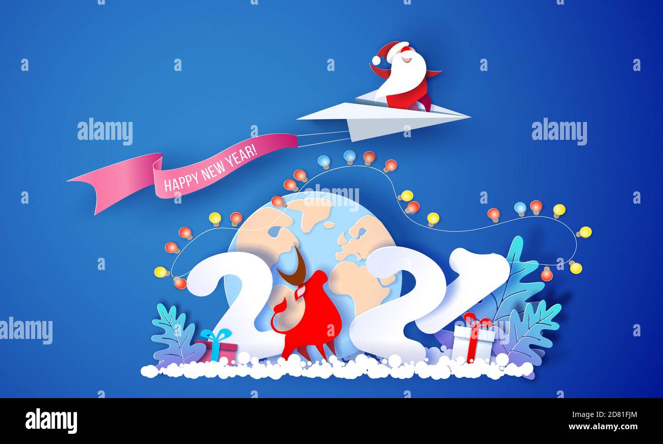 2021 Neujahrskarte Design. Weihnachtsmann fliegt auf Papier Flugzeug über den Globus Erde auf blauem Hintergrund. Vektor Papier schneiden Kunst Illustration für Werbebanner, Header, Poster, Aufkleber Stock Vektor