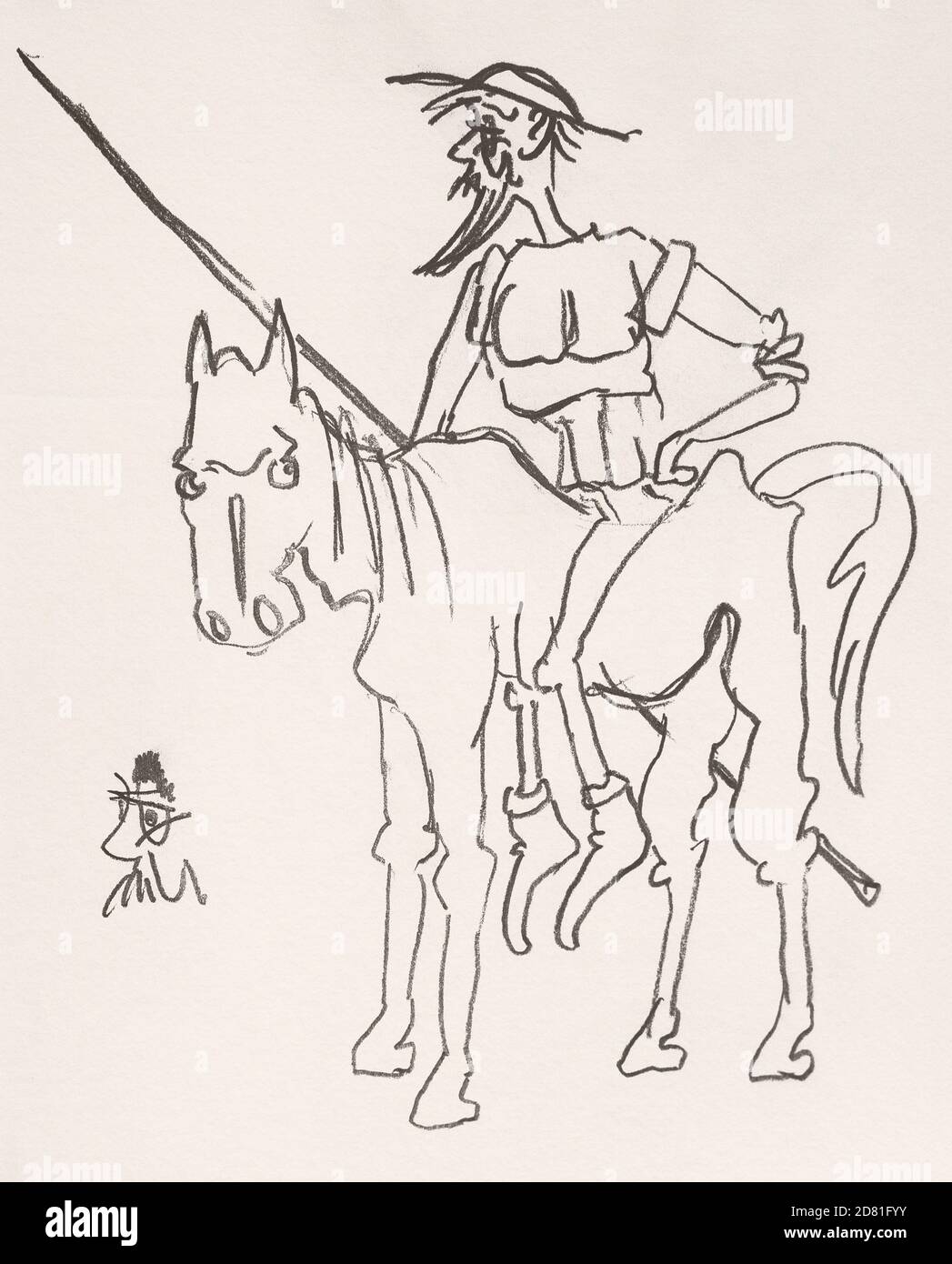 Illustration von Don Quixote, der Ritter irrt auf seinem erschöpften Pferd Rocinante. Stiftzeichnung. Der geniale Gentleman Don Quixote von La Mancha Stockfoto