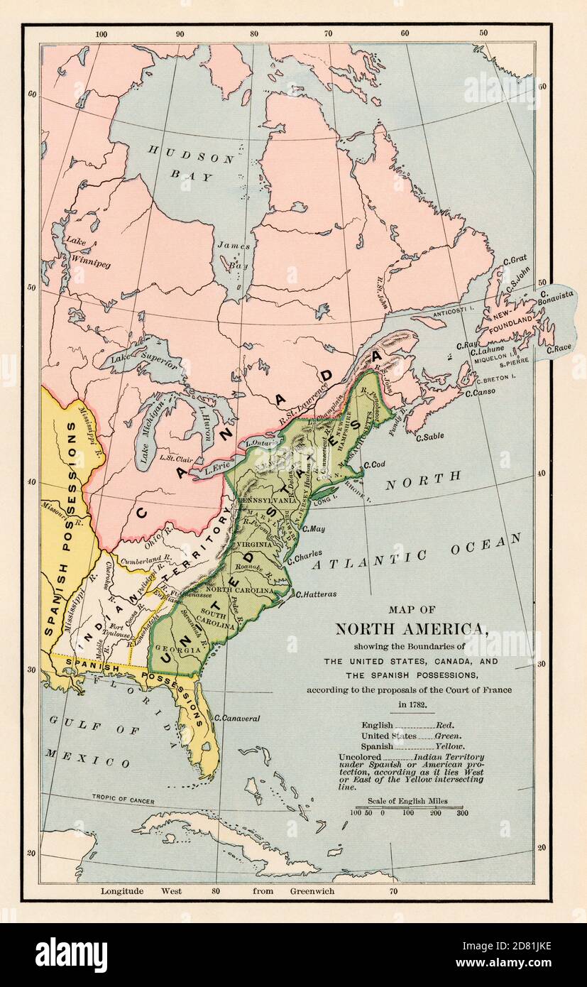 Französischer Vorschlag der nordamerikanischen territorialen Grenzen im Jahr 1782. Farbhalfton Stockfoto