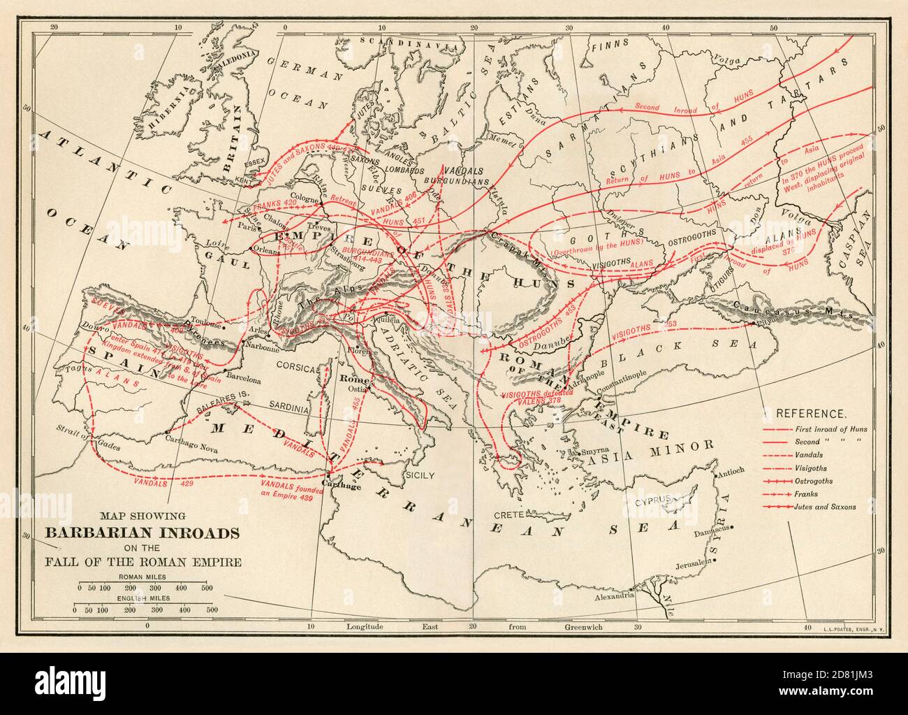 Karte der barbarischen Routen in das Römische Reich. Farblithographie Stockfoto
