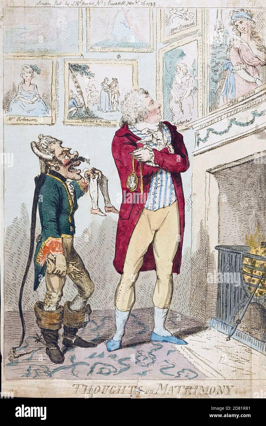 GEORGE IV. (1762-1830) als Prinz von Wales in einem Cartoon mit dem Titel "Thoughts of Matrimony" aus dem Jahr 1795 zeigt ihn, wie er Porträts seiner verschiedenen Mätressen, darunter Lady Jersey, anschaut. Er hält eine Fob mit einem Bild seiner späteren Braut, seiner ersten Cousine, Caroline von Braunschweig. Der deutsche Höfling links betont die winzige Größe von Carolines Füßen. Stockfoto