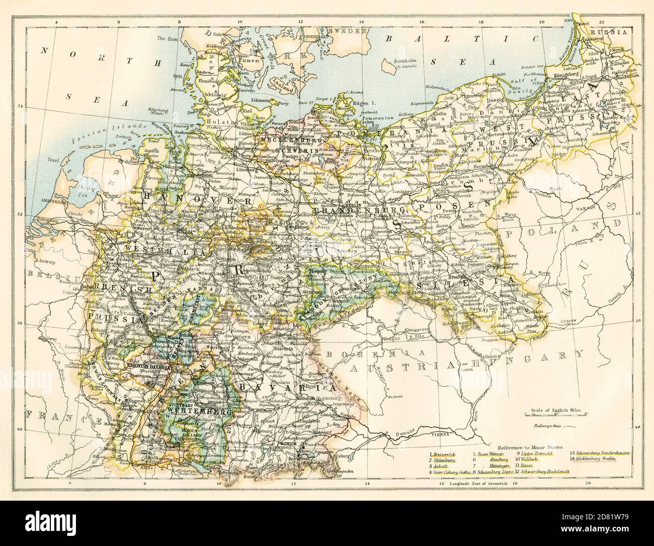 Karte von Deutschland in den 1870er Jahren. Farblithographie Stockfoto