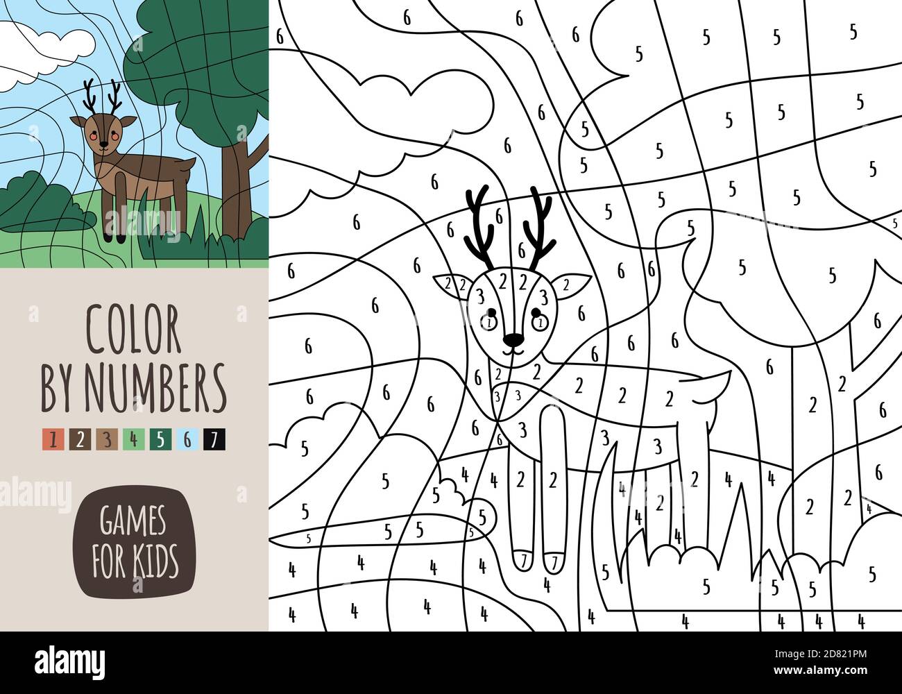 Vektor Cartoon Stil Illustration von Spielen für Kinder. Visuelle Lernspiel für Kinder. Farbe nach Nummer. Waldtiere Set. Stock Vektor