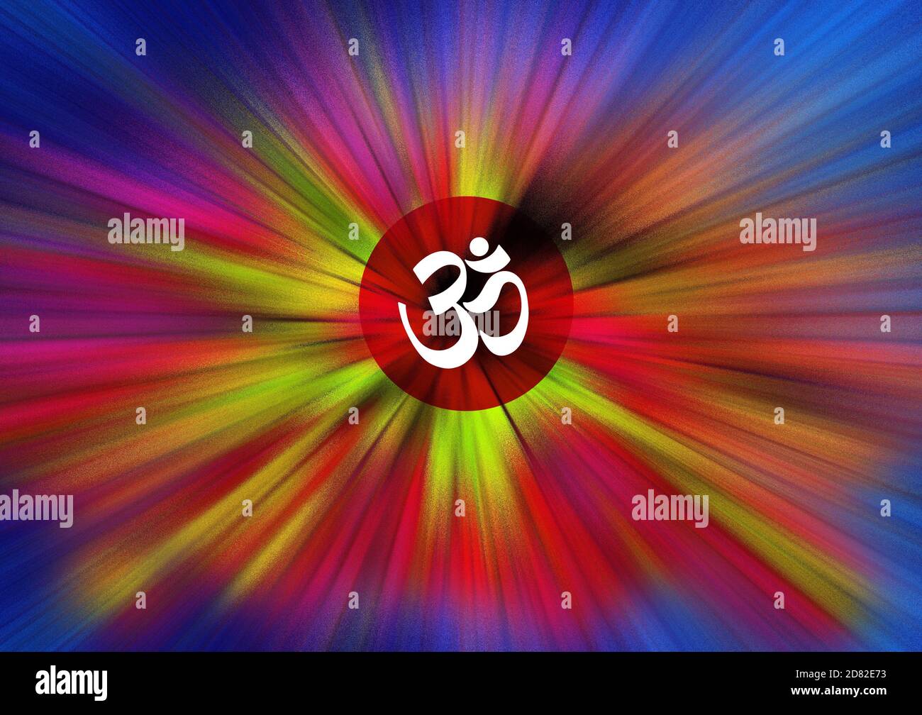 OM Aum Yoga kraftvolle Strahlen religiöser abstrakter Hintergrund. Geometrische kreisförmige zentrische Bewegungseffekte Musterelemente. Dynamische Starburst bunte Linien. Stockfoto