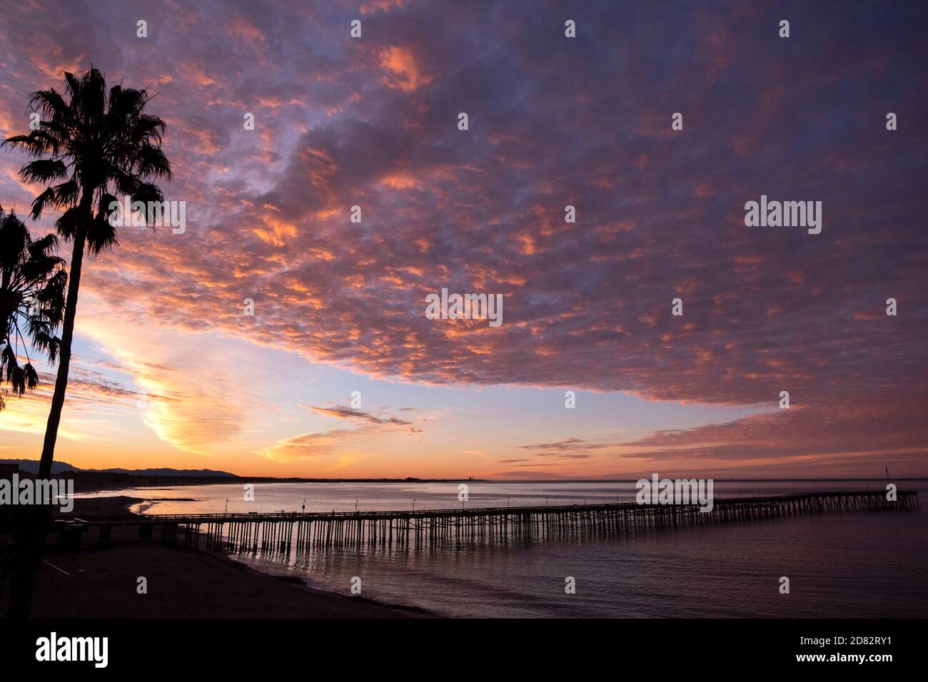 Ventura Pier mit Palmen bei Sonnenaufgang über dem Pazifik, Kalifornien Stockfoto