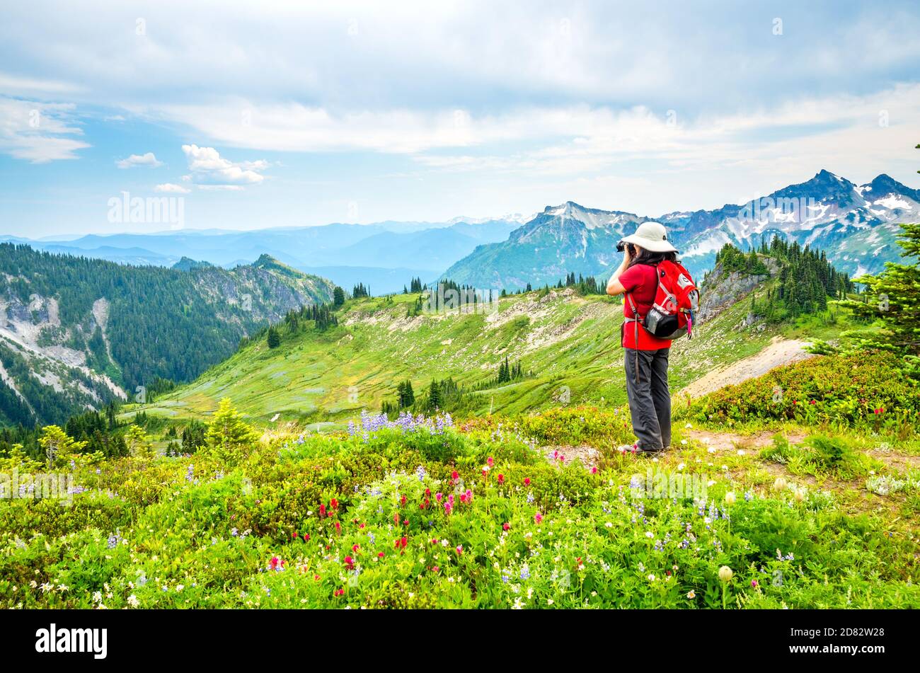 Weibliche Wandererin, die Fotos macht und den Blick auf Mount Rainier in der Nähe von Majama Ridge in Washington, USA genießt Stockfoto