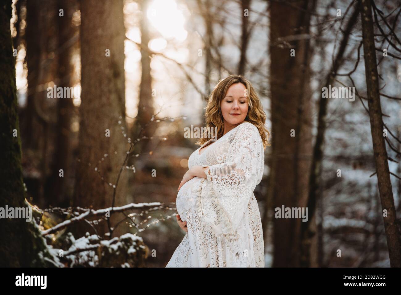 Schwangere Frau, die im Winter mit in den Wald schaut goldenes Licht Stockfoto