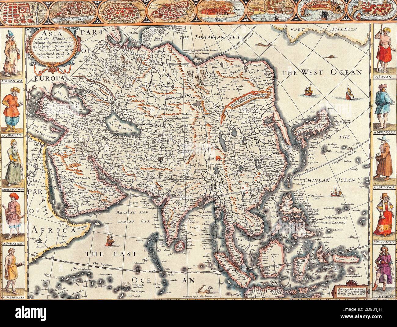 Antike Karten der Weltkarte von Asien John Speed c 1626 Stockfoto