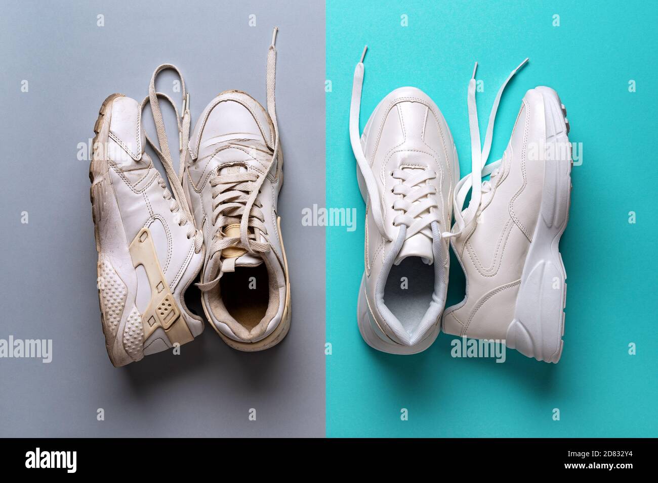 Paar alte schmutzige weiße Sneakers auf grauem Hintergrund und ein paar neue weiße Sneakers auf marinblauem Hintergrund. Konzept von alt und neu. Stockfoto