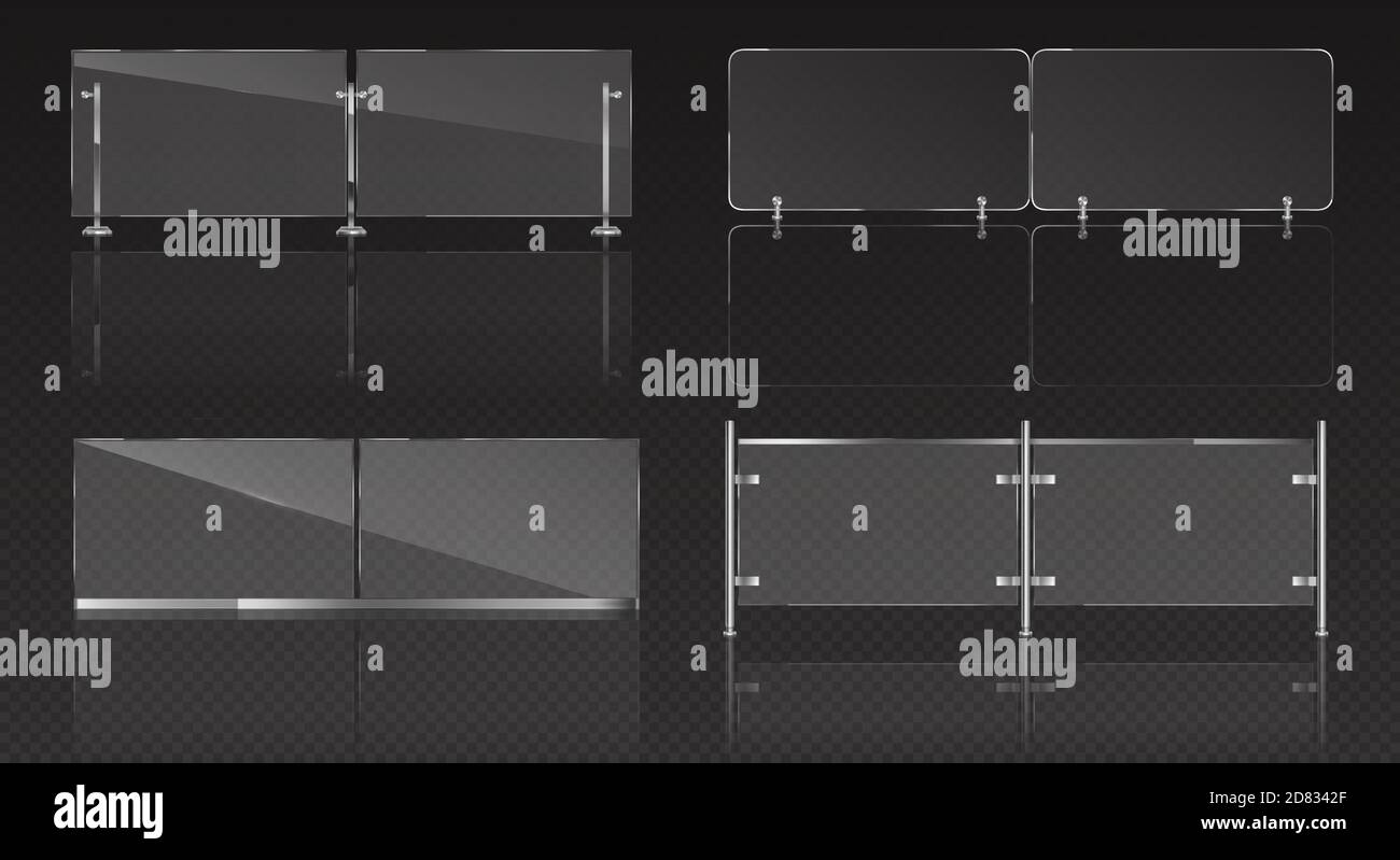 Glasgeländer mit Metallgeländer für Balkon, Terrasse oder Pool. Vector realistische Satz von Plexiglas Barriere mit Stahl Handläufe. Durchsichtiger Acrylzaun isoliert auf transparentem Hintergrund Stock Vektor