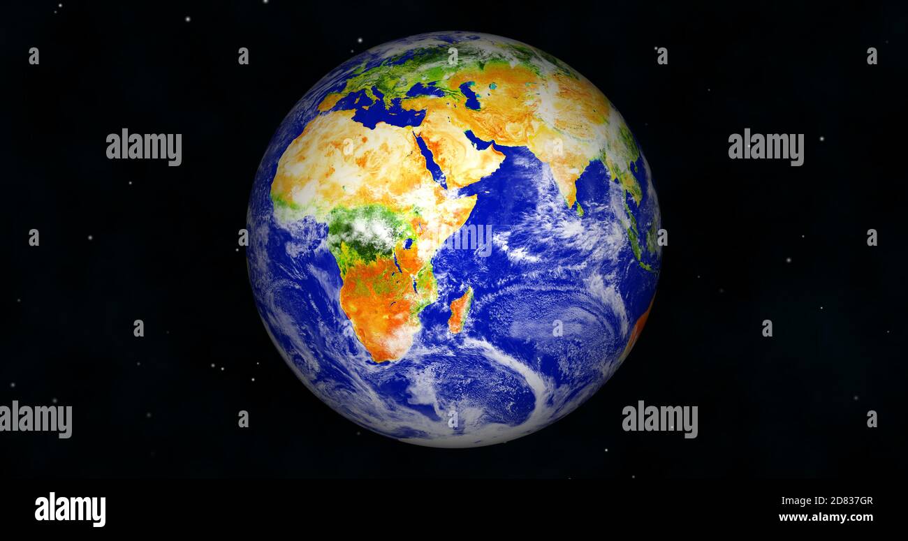 3d gerendert Foto realistische Erde Planeten. Schöner grüner Erdplanet mit bunter Galaxie oder Nebel. Vorderansicht der Erde aus dem Weltraum mit Wolken Stockfoto