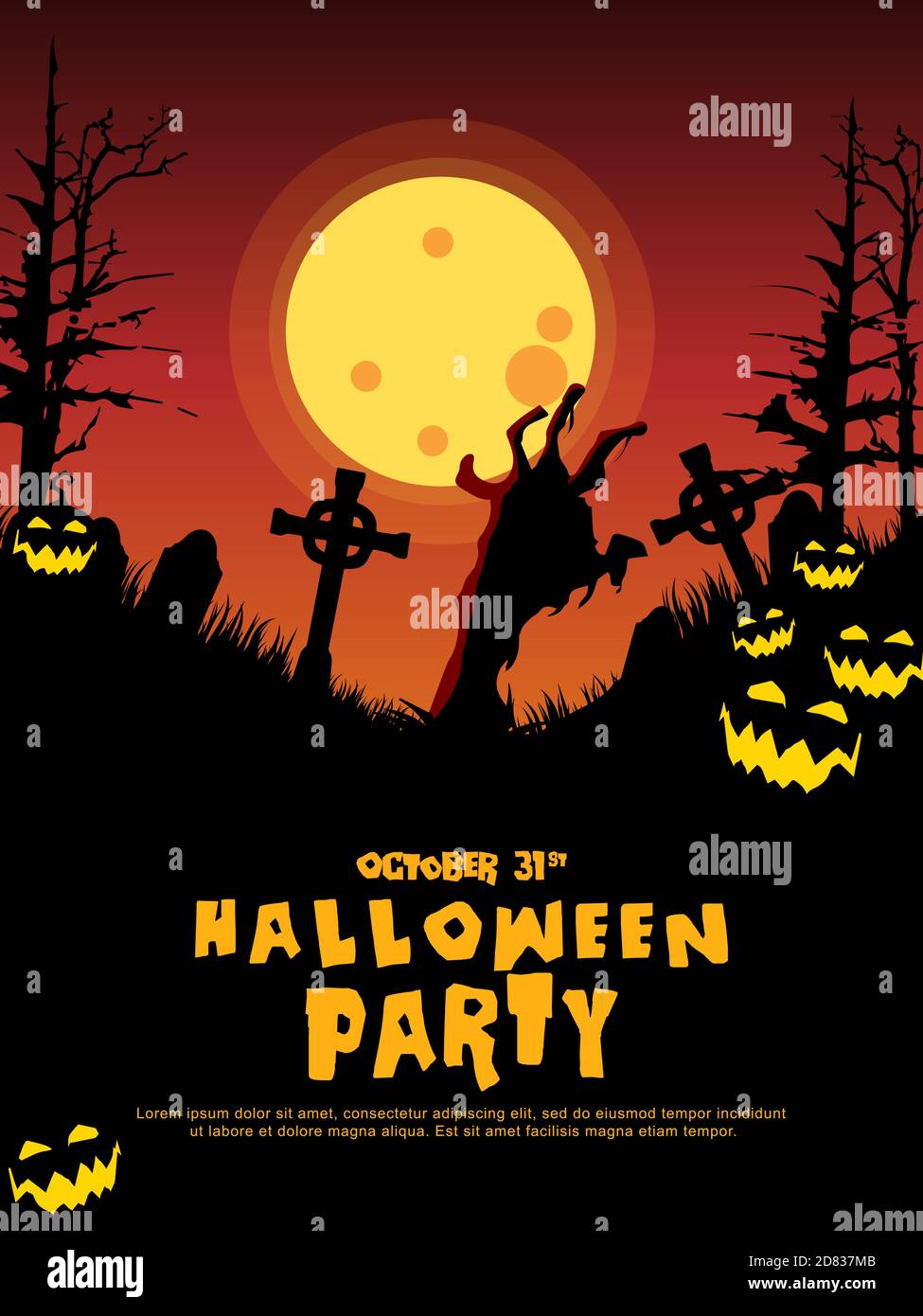 Halloween-Werbebanner. Halloween Hintergrund mit Grabsteinen, Kürbis, Monster, Spukhaus und Vollmond. Einladungsflyer oder Vorlage für eine Hallowe Stock Vektor