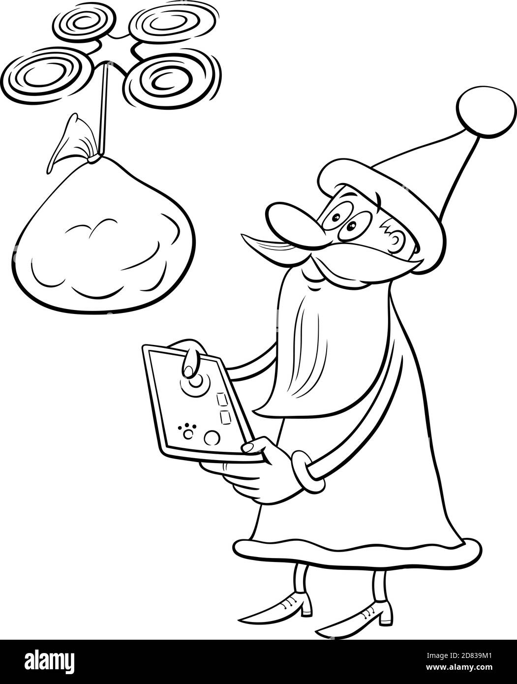 Schwarz und weiß Cartoon Illustration von Santa Claus Charakter mit Drohne auf Weihnachten Zeit Malbuch Seite Stock Vektor