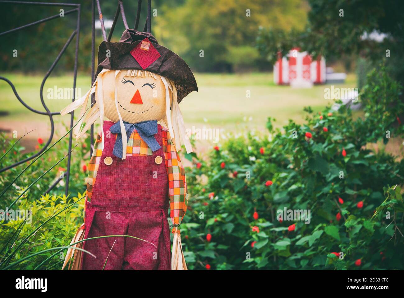Niedliche Vogelscheuche im Herbstgarten. Halloween Oktober Ernte Dekoration Konzept. Roter Holzschuppen im Hintergrund. Stockfoto