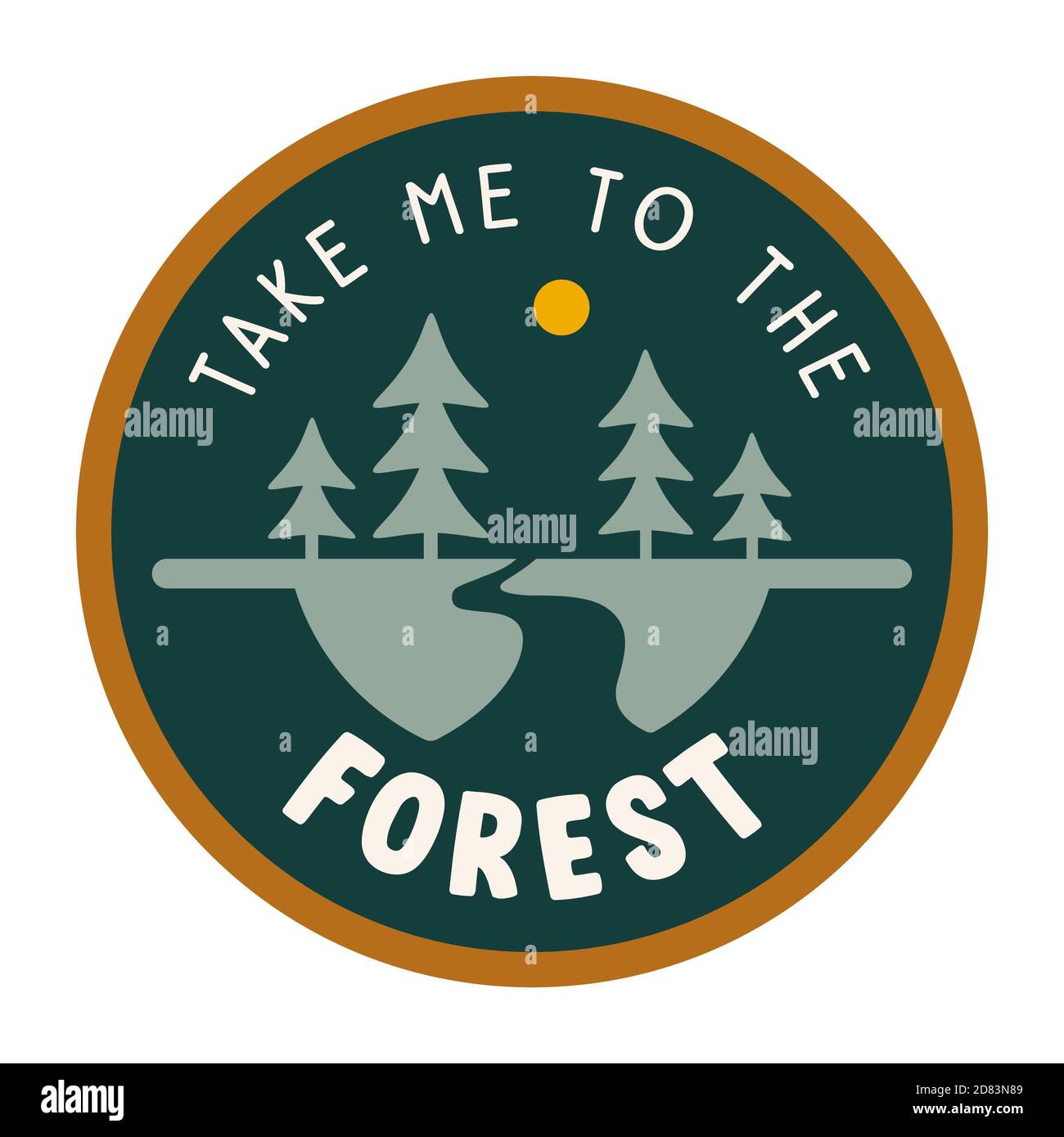 Nehmen Sie mich in den Wald Wildnis Reise Grafik-Design, Illustration, Wandern, Camping, Natur Outdoor Abenteuer Aufkleber Design, Clip Art Element, blau Stockfoto