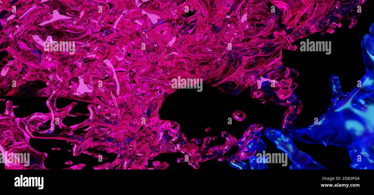 3D Render, Glossy Shiny Liquids Splash, Abstract Fluid Hintergrund Stockfoto